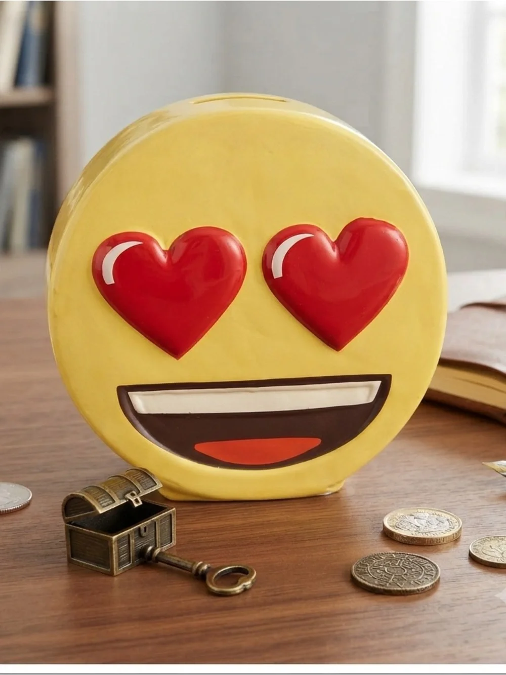 Emoji Heart Eyes Smiley Face Yellow Red Ceramic Coin Money Piggy Bank Saving